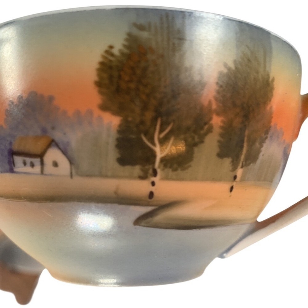 Meito China Hand Painted Sunset Landscape Tea Cup & Saucer Set Asian Art Japan - Picture 4 of 8